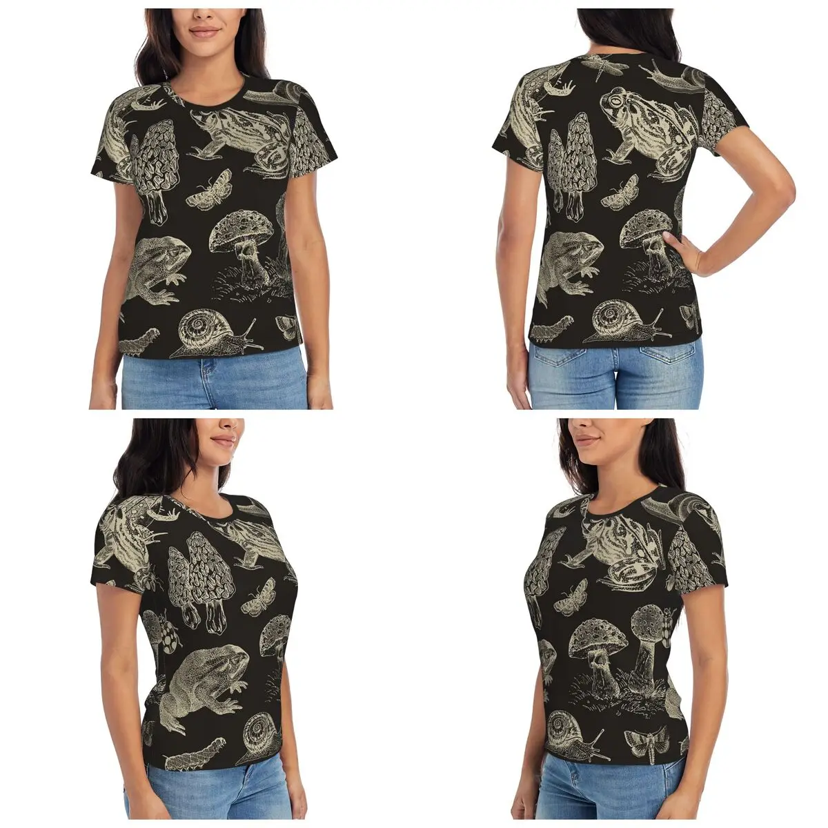 Frog, Mushroom, Snail, And Moth Insects T-Shirt for Women O-Neck Streetwear T Shirts Women's Short Sleeve Summer Clothes Tops
