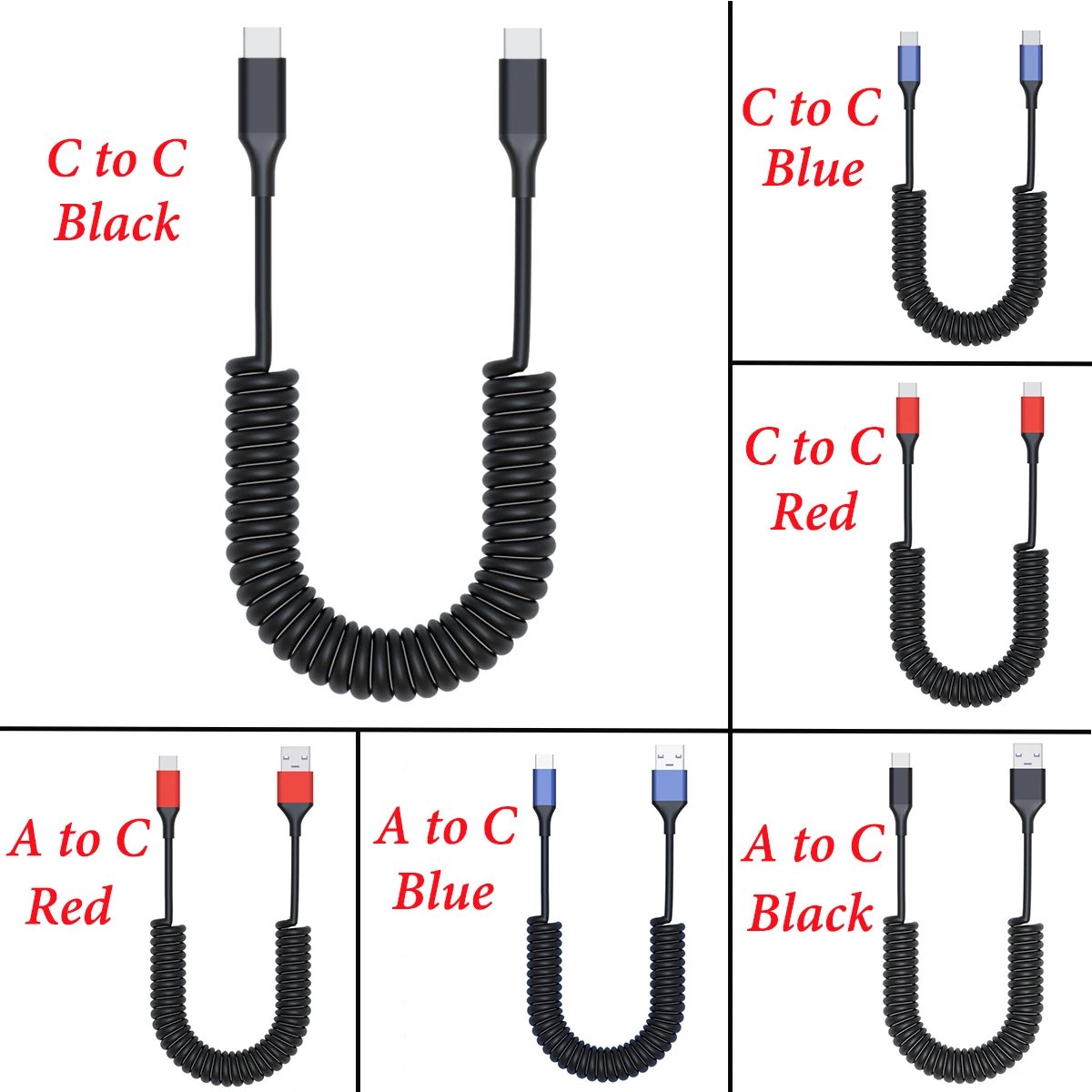 JavicTech Coiled USB 2.0 To USB C Spring Stretch Car Charging Cable Wire Fast 60W 480Mbps For Mobile Devices Consoles