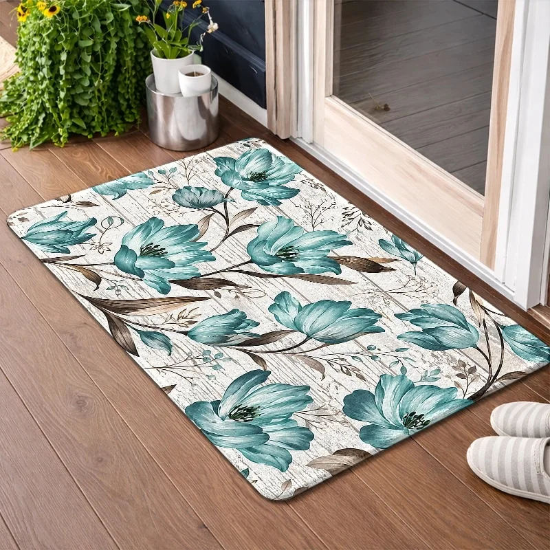 Vintage Teal Floral Wood Grain Doormat, Shabby Chic Non Slip Mat, Rustic Rug for Indoor Porch Front Door Decor