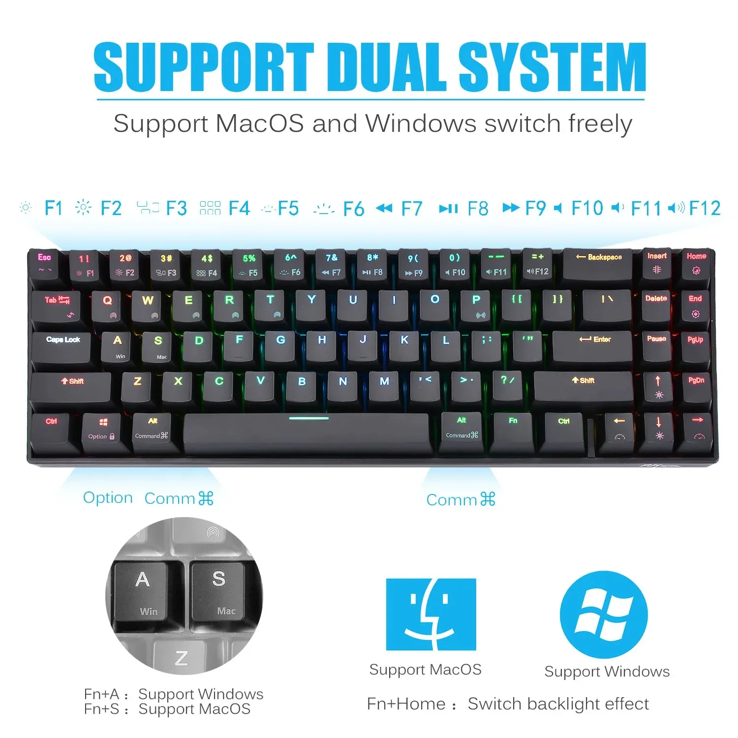 

Bluetooth mechanical keyboard RGB Mini 71 keys brown switch gaming mac OS support
