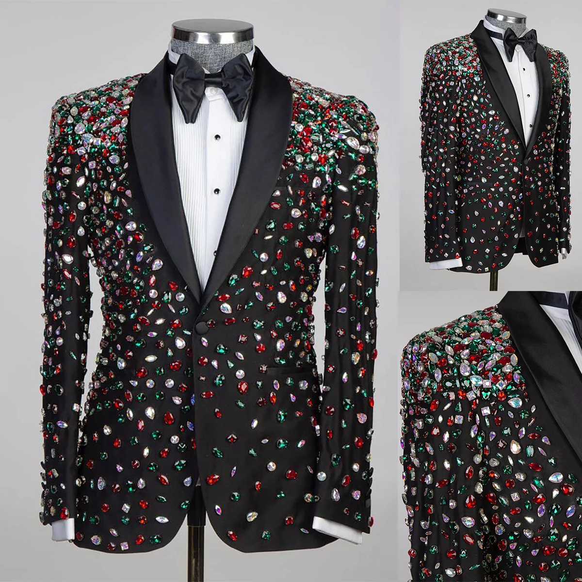 Trajes de boda brillantes para chal, solapa de manga larga, ropa de novio de diamantes de imitación, esmoquin ajustado, fiesta de graduación, Blazer solo hecho a medida