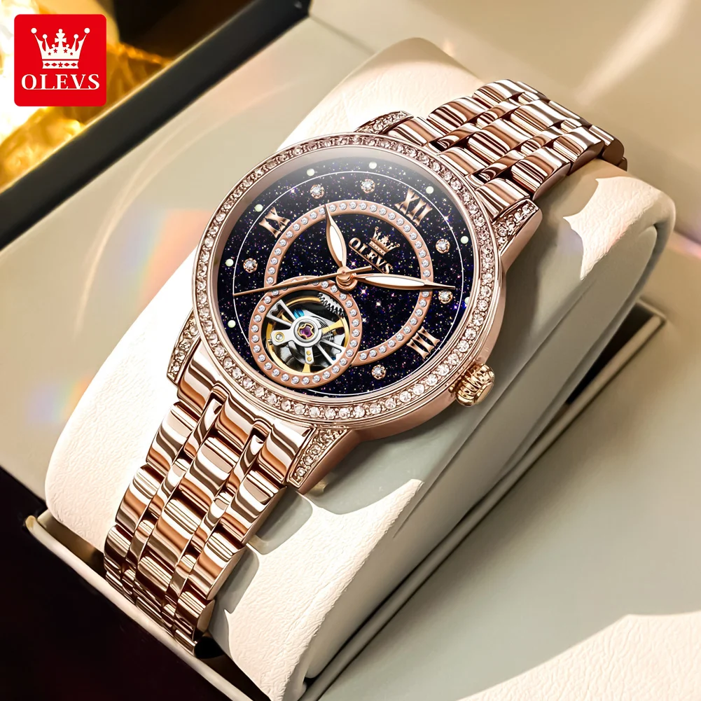 OLEVS 7036 Ladies Watch Luxury Hollowed-Out Automatic Mechanical Watch Starry Sky Dial Stainless Steel Watch For Women Bracelet