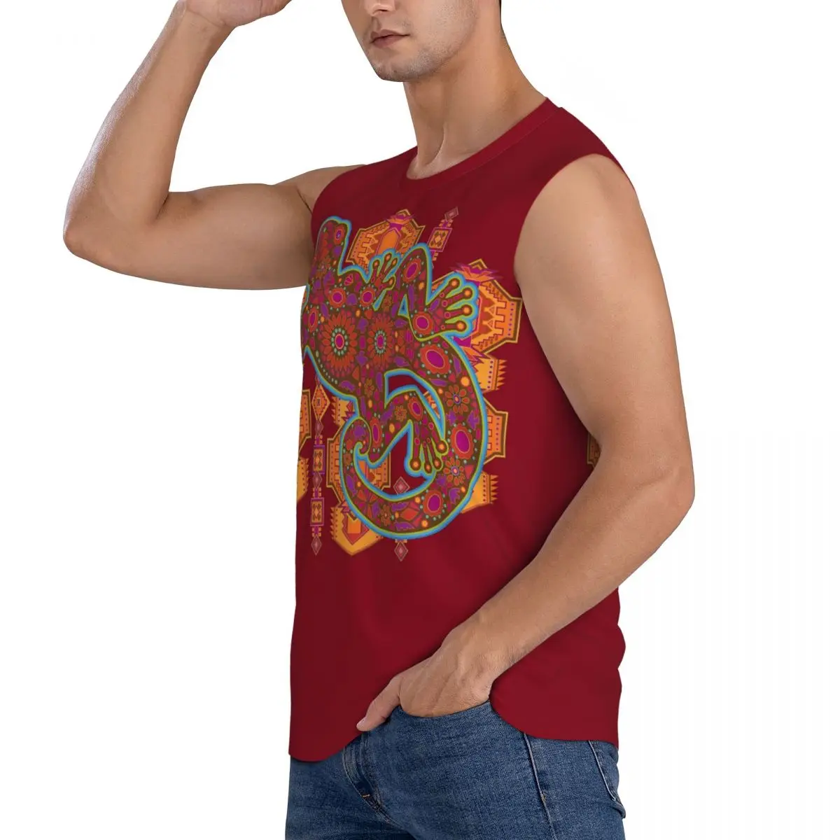 Ethnic Tribal Lizard Salamander Men Sleeveless Tank Tops Quick Dry Breathable Gym Fitness Running Summer Casual Sport Vest