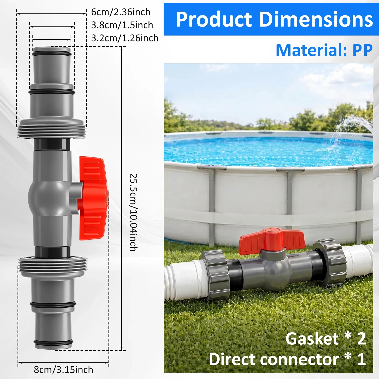 38mm Hose Adapter Valve Connector for Above Ground Pool Filter Pump Double Seal Leak Proof Water Flow Shut Off Switch Joint