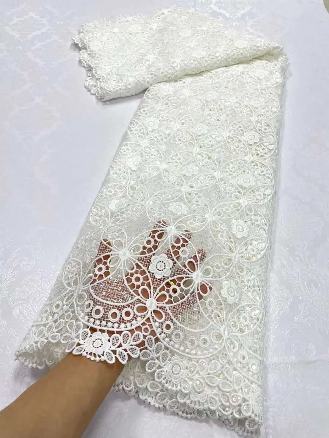 White Guipure Cord Lace Fabric 2023 High Quality With Sequins African Guipure Cord Lace For Sewing Luxury Evening Party Dresses