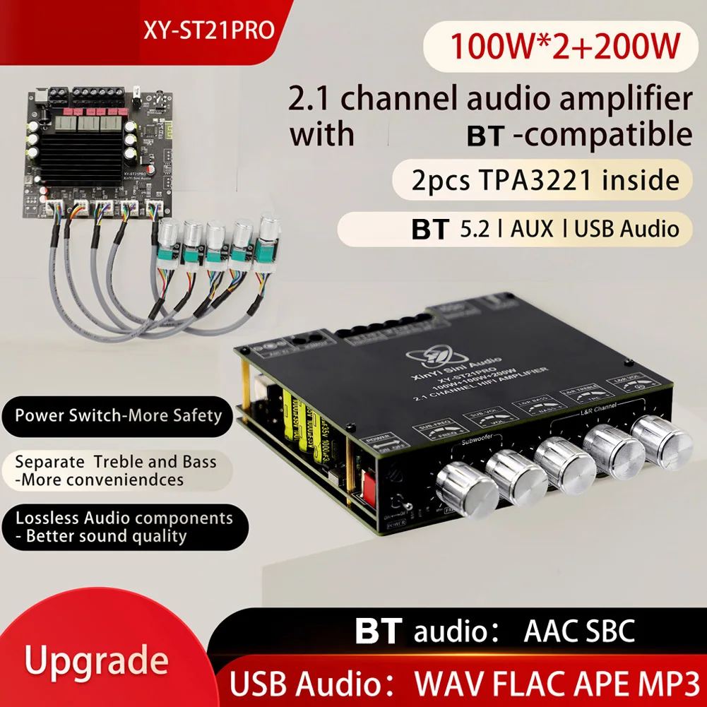 XY-ST21PRO Compact 2.1Channel TPA3255 BT Digital Power Amplifier Board 100W*2+200W High Low Tone Subwoofer Power Amplifier Board