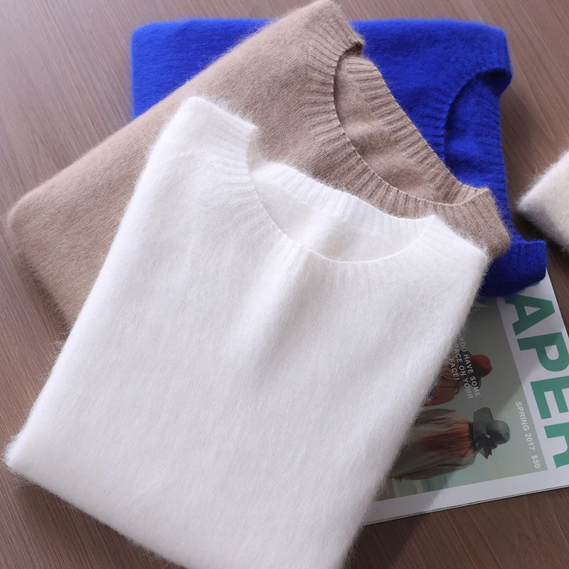 

Осень/зима норковый кашемировый свитер свободный женский пуловер с круглым вырезом короткая однотонная шерстяная вязаная нижняя рубашка