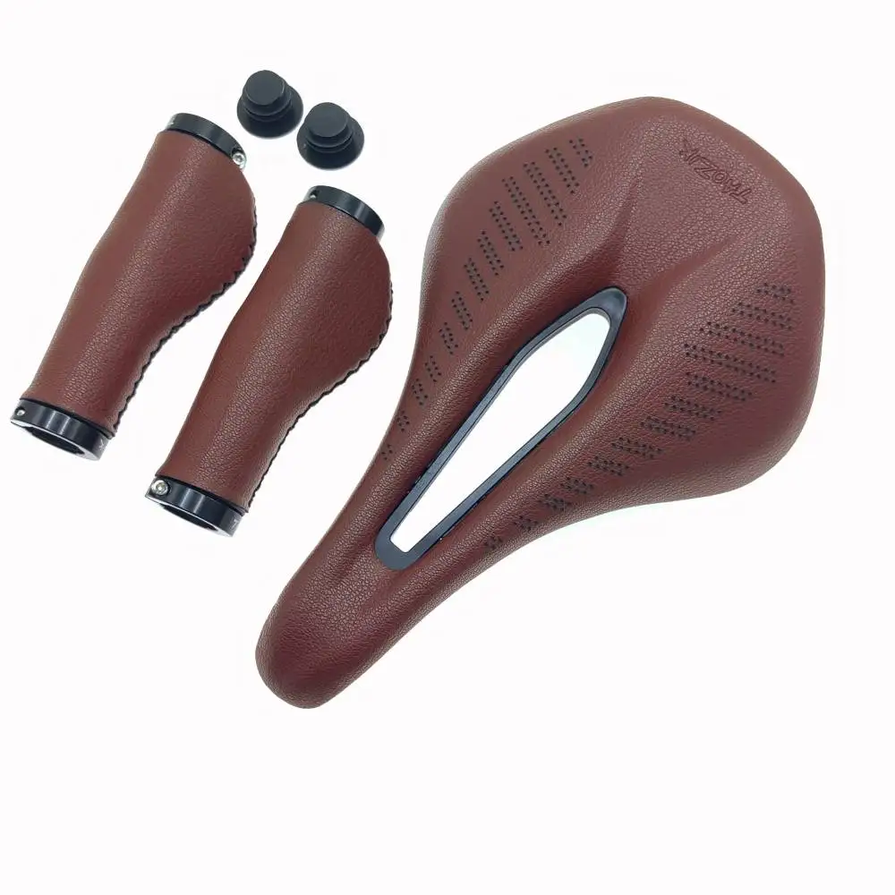 Bicycle Saddle Breathable Hollow Design PU Leather Soft Comfortable Seat MTB Mountain Road Bike with Bike grips Cycling Parts