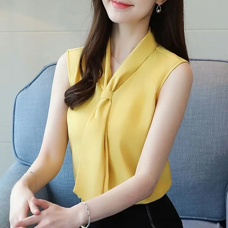 Chiffon Floral Women's Shirt Tops New Summer Sleeveless Loose Off Shoulder Solid Color Elegant Blouse Fashion Office Clothing