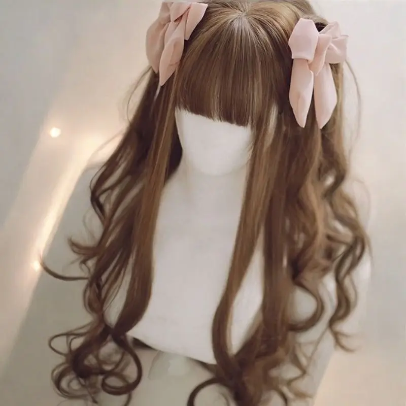 ‌ 여성용 로리타 가발 - 일본식 에어뱅 긴 곱슬머리, 애니메이션 팬을 위한 코스프레 가발, 소프트 걸 스타일