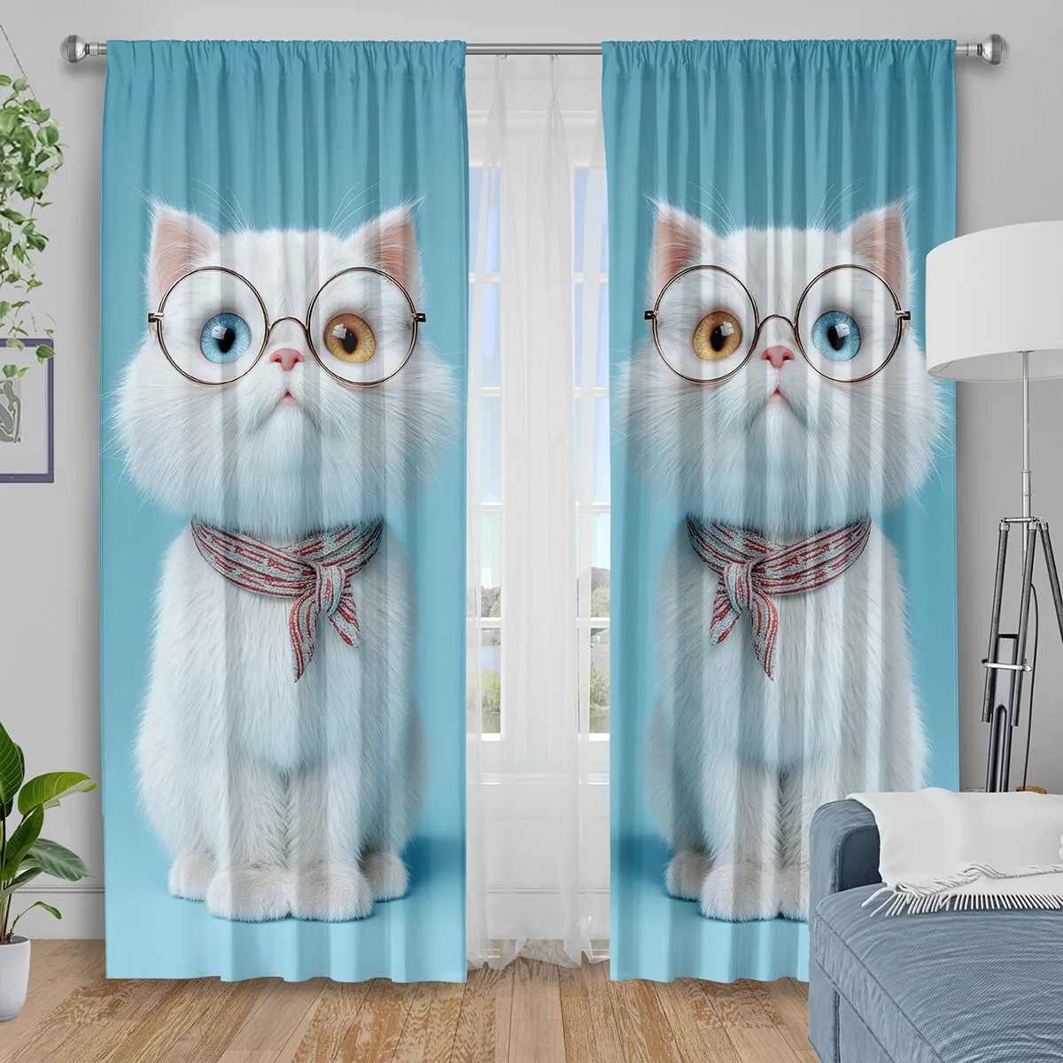 Cute White Cat with Glasses Curtains, Kawaii Pet Print Blackout Drapes for Kids Room, Funny Animal Home Decor Window Treatment