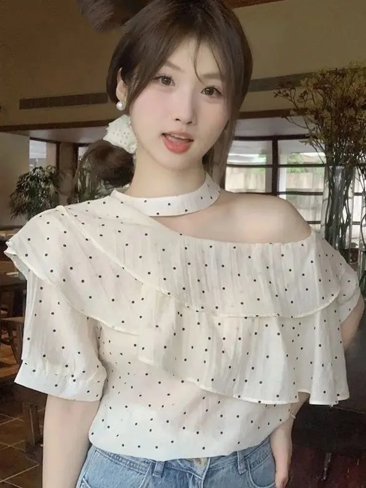 

Polka Dot Off Shoulder Ruffle Halter Blouse Women Summer Sweet Sheer Short Sleeve Chiffon Shirt Korean Simple Y2k Tops