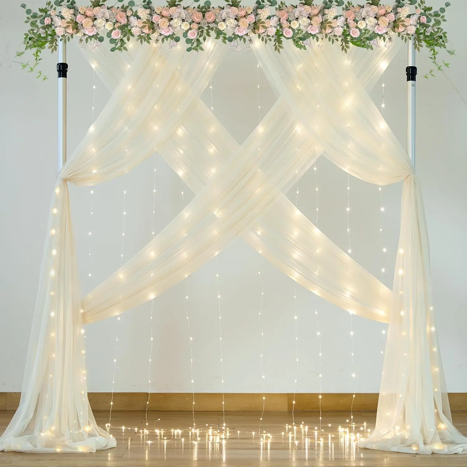 30ft x 10ft Ivory Backdrop Curtain Panels with Lights String for Parties, Sheer Tulle Wedding Backdrop Drapes for Birthday Party