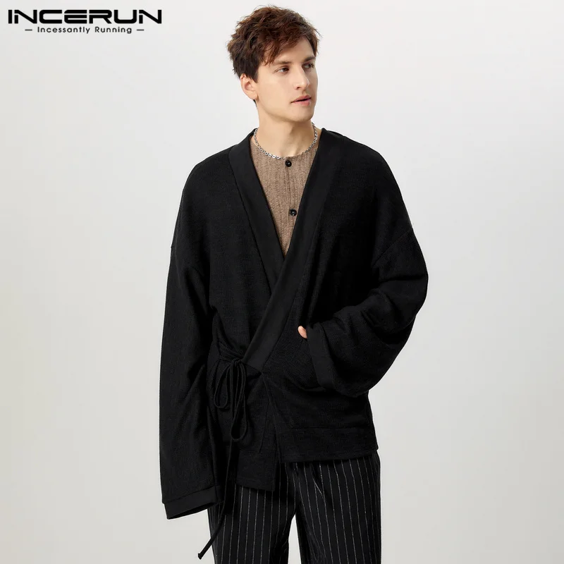 

INCERUN Men's Sweater Cardigans Solid Long Sleeve Knitted Cardigans Lace Up Pocket Streetwear Male Loose Kimono Tops S-5XL