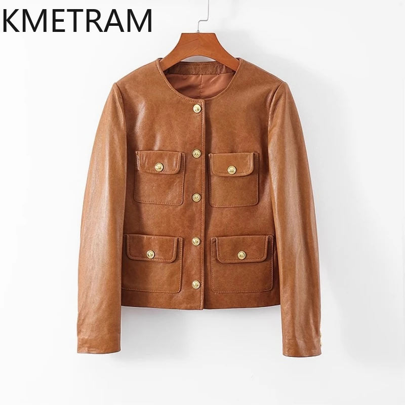 100% Top Layer Sheepskin Jackets Woman Oil Wax Yellow Short Leather Jacket 2025 New in Outerwears Autumn Women Clothing سترات