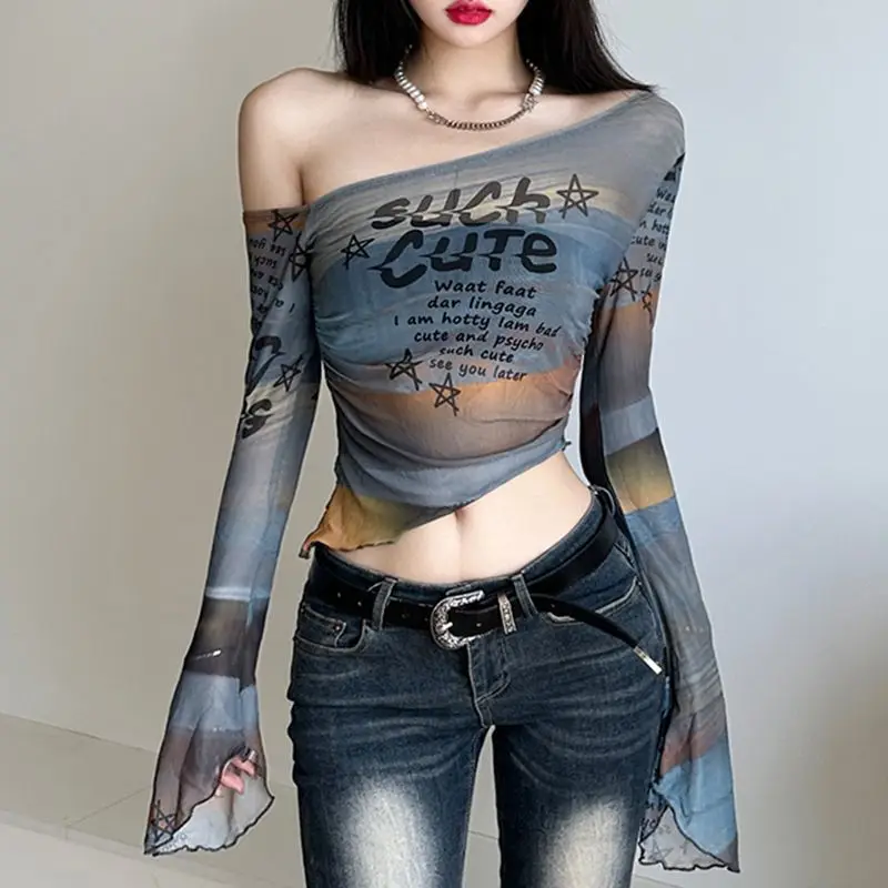 2026 New Women American Print Asymmetric Neck Mesh Top Ruffle Open Back High Low Hem Flare Sleeve Slim Fashion Tee Shirt