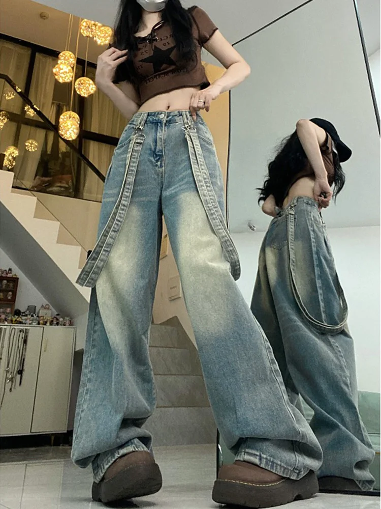 

Strap Jeans Women Vintage Sweet Ulzzang Preppy Style Leisure Vintage Pure Chic Designed Overalls Personality Harajuku Long Daily