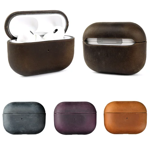 Imagen 2 del producto Funda de cuero Vintage Crazy Horse para Airpods Pro 2 fundas airpods4 3 auriculares inalámbricos Bluetooth caja protectora
