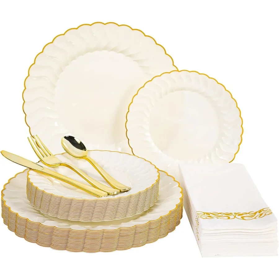 

140PCS Elegant Disposable Dinnerware Set for Formal Events Includes 40 Ivory Scalloped GoldTrim Plates 20 Dinner Size 20 Desser