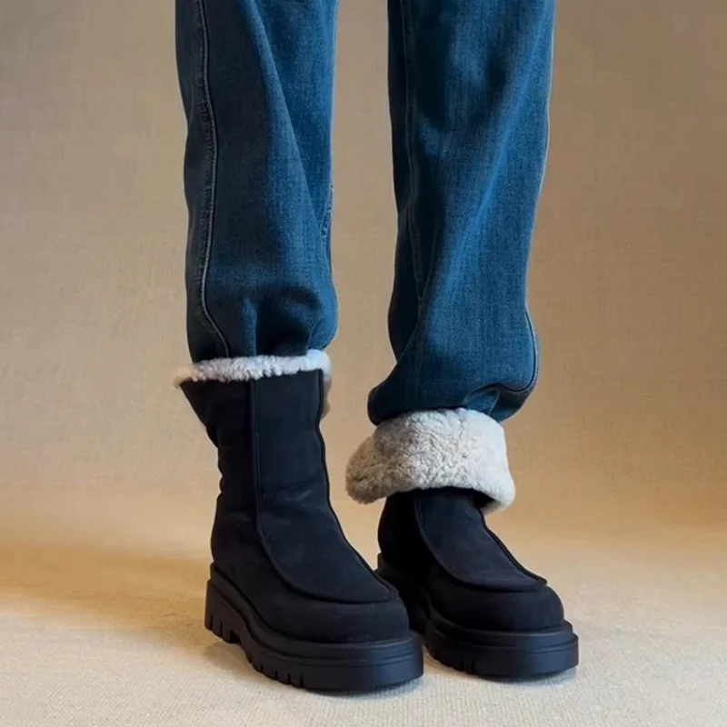 

New Winter Cow Suede Women Boot Round Toe Shoes for Women Fashion Boots High Heels Short Boots Handmade Platform Snow Boots