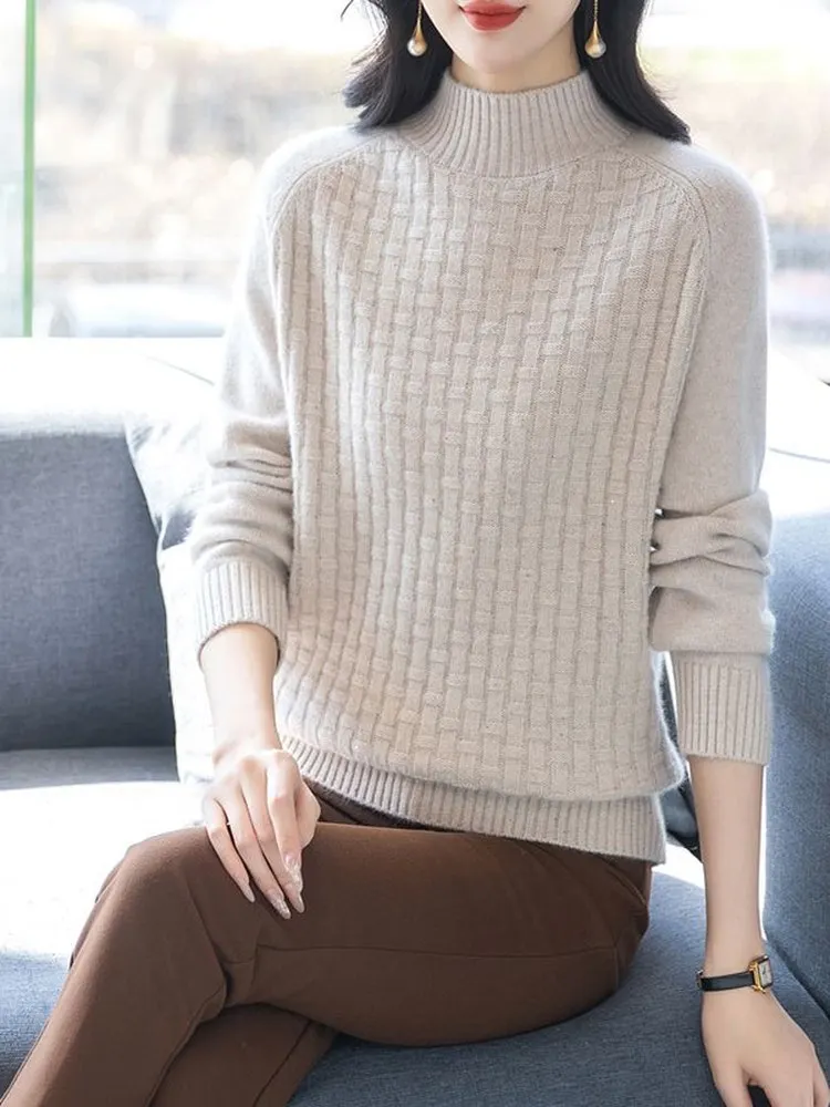 

Утепленный мягкий свитер женский осенне-зимний с воротником-стойкой, шерстяной, свободного кроя, модный, для женщин среднего возраста, базовый, из кашемира