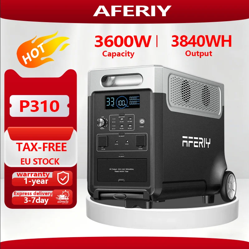 Alimentation électrique de stockage d'énergie AFERIY-P310 3600W 3840WH, batterie lithium, alimentation de secours, alimentation mobile pour extérieur et maison