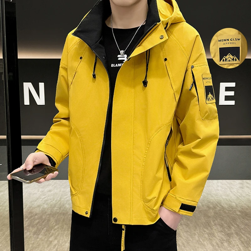 

2025 Autumn New Hooded Cargo Jacket Men Windproof Coats Korean Trendy Loose Fashionable Handsome Casual Hiking Jackets for Men