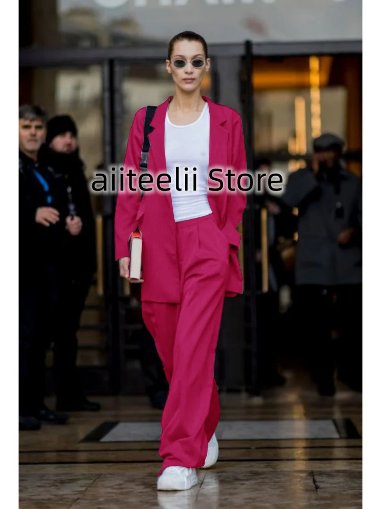 Women's Suit Two Piece Set Fashionable Solid Color Slim Fit Peaked Lapel Elegant Wide Leg Pants Single Breasted Fit Business