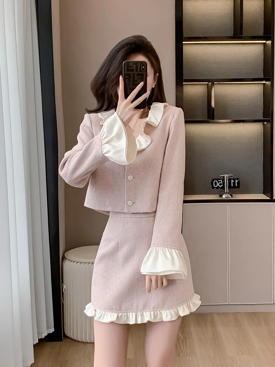 Autumn Pink Two Piece Set Women Sweet Ruffle V-neck Trumpet Sleeves Chic Top+A-line Skirt Set's Lady Elegant Fashion Outfits