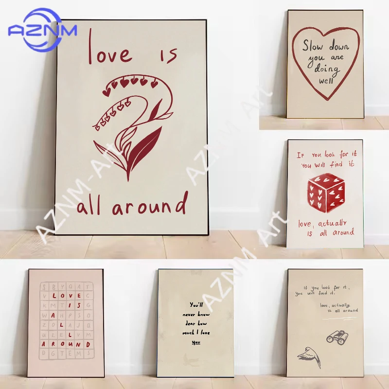 Moderne minimalistische Zitate: „Love Actually Is All Around“ – Abstraktes Poster, Leinwandgemälde, Wandkunst, Bilder, Inneneinrichtung