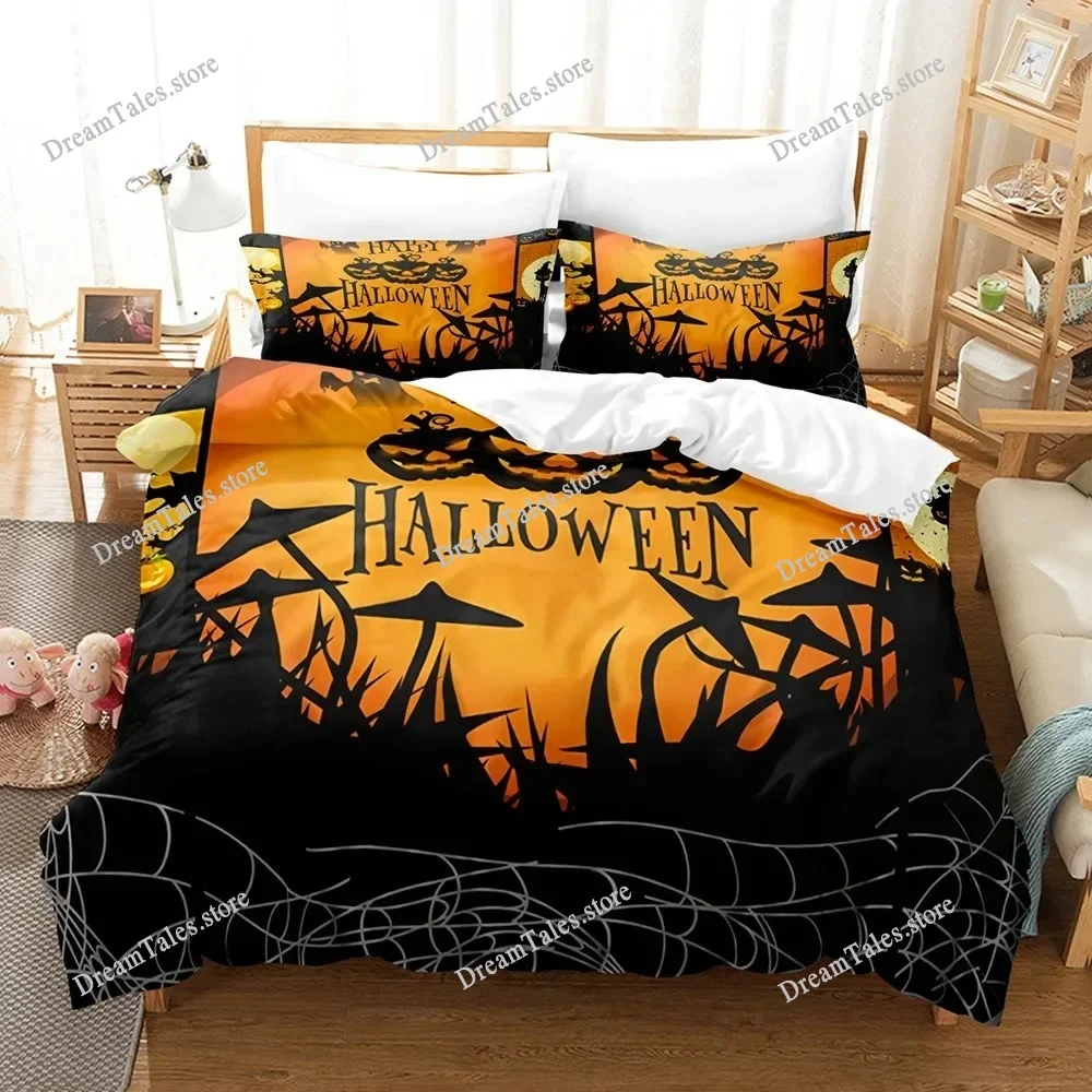 Halloween Bedding Set KingQueen Size Cartoon Pumpkin Lantern Castle and Bat Duvet Cover Dark Horror Night Polyester Quilt Cover7