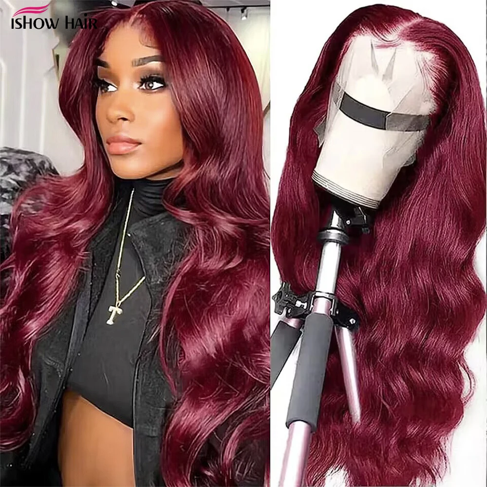 99J Burgundy Lace Front Human Hair Wigs 13x4 Body Wave Human Hair Wig Red Colored Brazilian Transparent Closure Wig