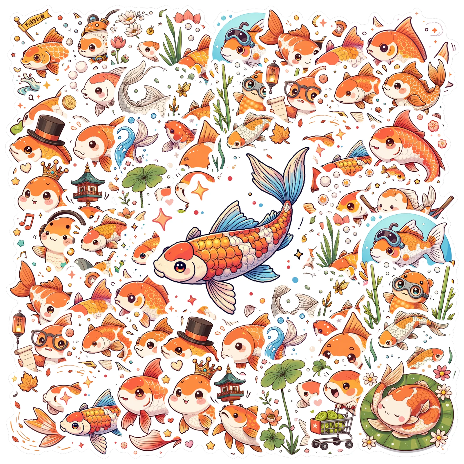 35/50pcs Cute Cartoon Goldfish Pattern Sticker Decor for Laptop Scrapbook Waterproof Kawaii Graffiti Decals Sticker Decor