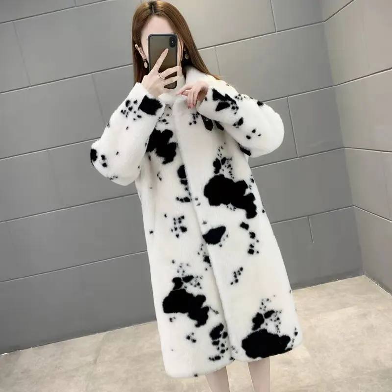 New Autumn and Winter Women\'s Imitation Mink Fur Coat Cow Pattern Long Square Collar Coat Imitation Fur Mid-length