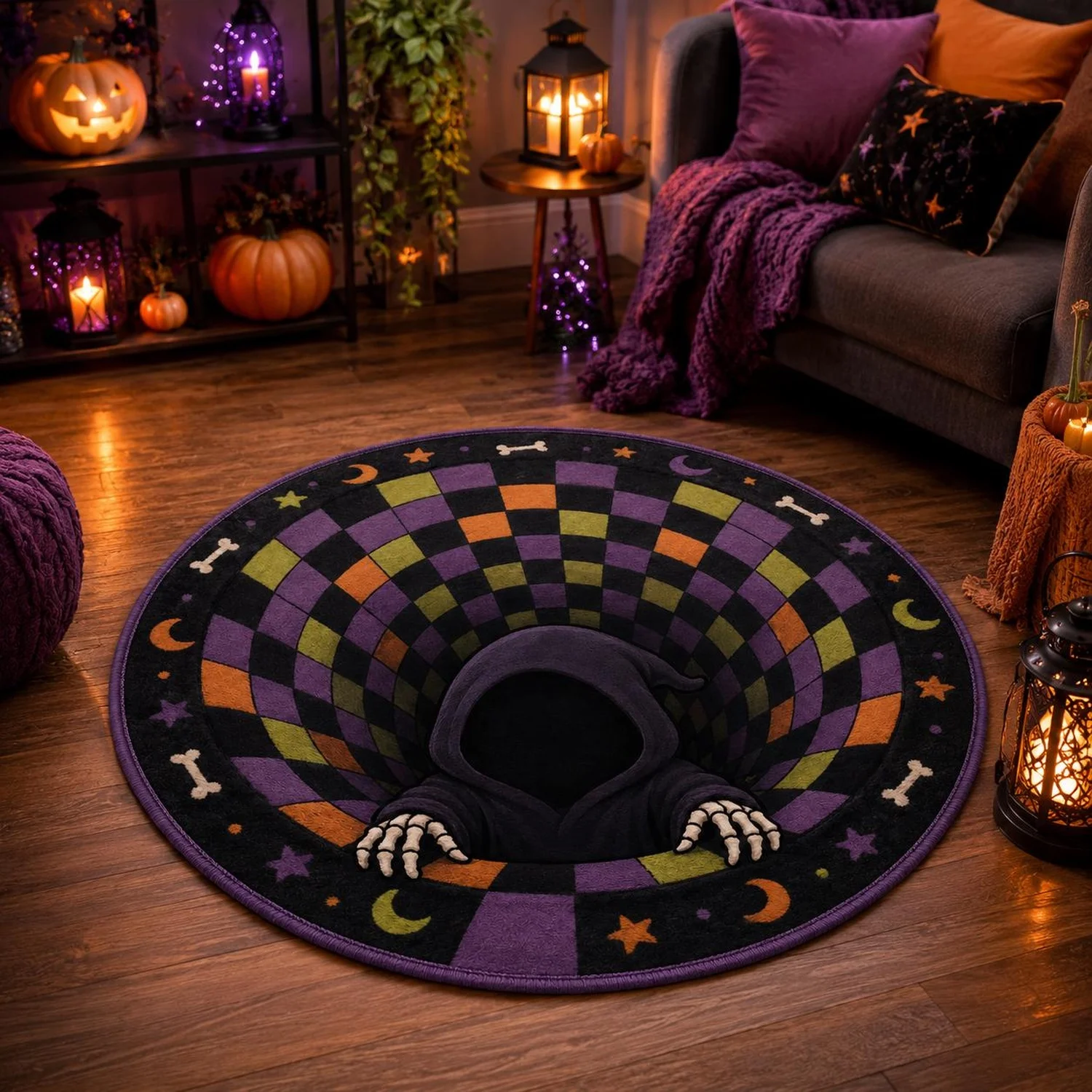 Halloween Round Carpet, Spooky Optical Illusion Floor Mat, Skull Hand Gothic Room Decoration