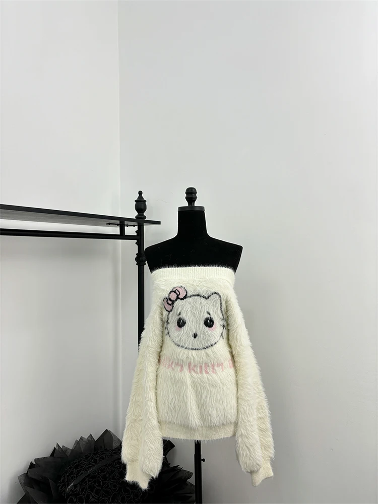 Winter Women Long Sleeve Cute Core Mohair Sweater Knitwear Girl Shoujo Slash Neck Jumper 2000S Aesthetic Korean Fashion Oversize