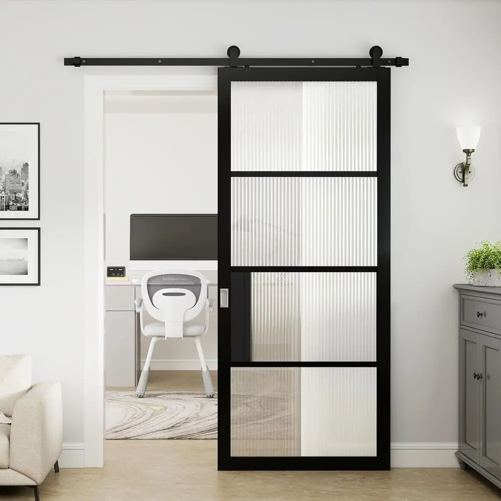 

36x84 4-Panel Matt Black Reeded Safety Glass Barn Door with Wood Frame, Preassembled, 6FT Hardware Kit & Handles, Scratch-Resist