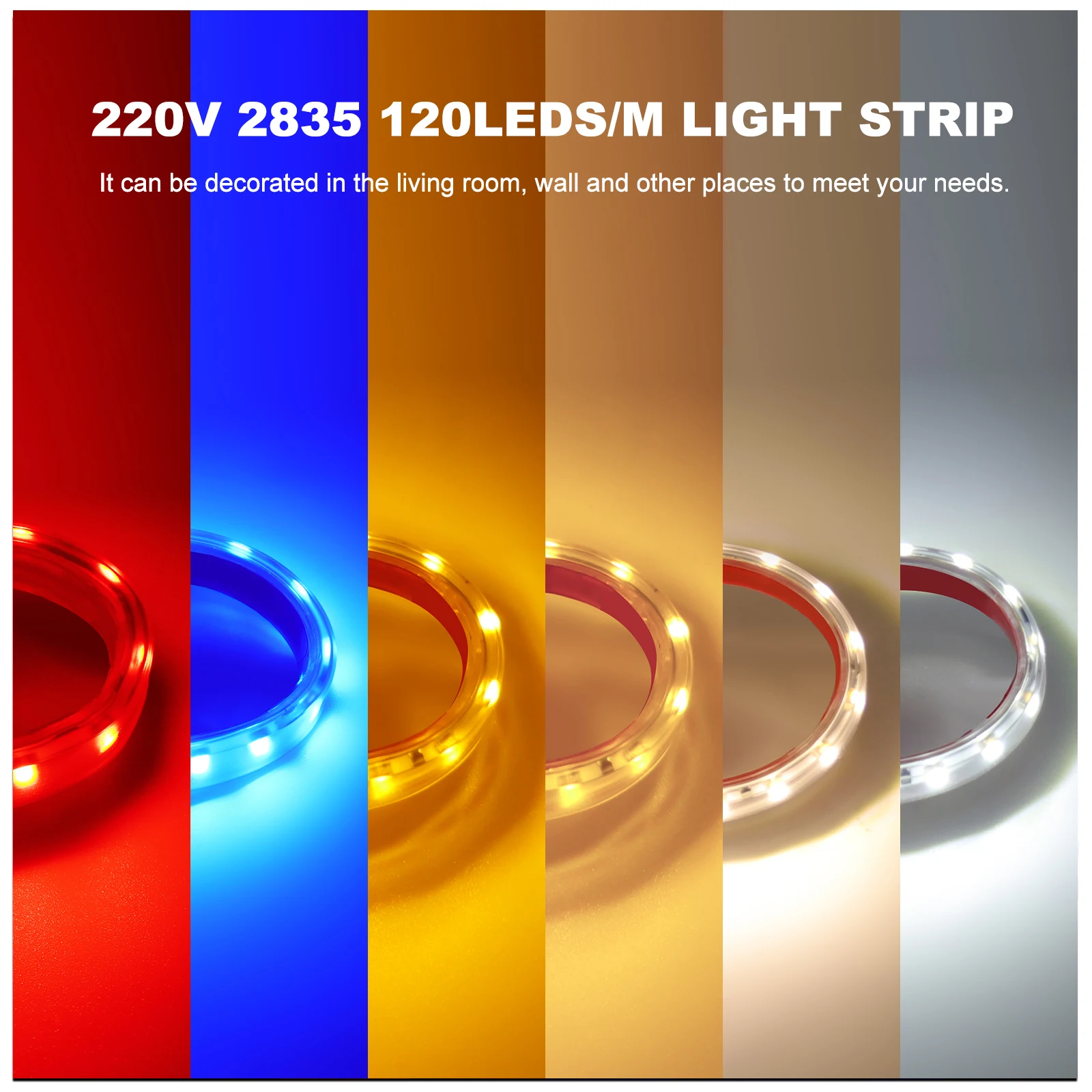 220V 2835 LED Strip Light White/Blue/Red/Yellow/Pink Waterproof 120LEDs/m High Brightness Lighting Flexible Led Tape Diode Lamp