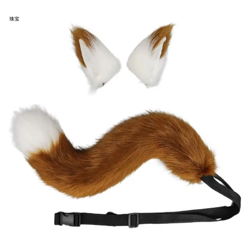 X5QE Halloween Tier Fuchs Ohren Flauschige Haar Clip Schwanz Set für Frauen Cosplay Haar Prop