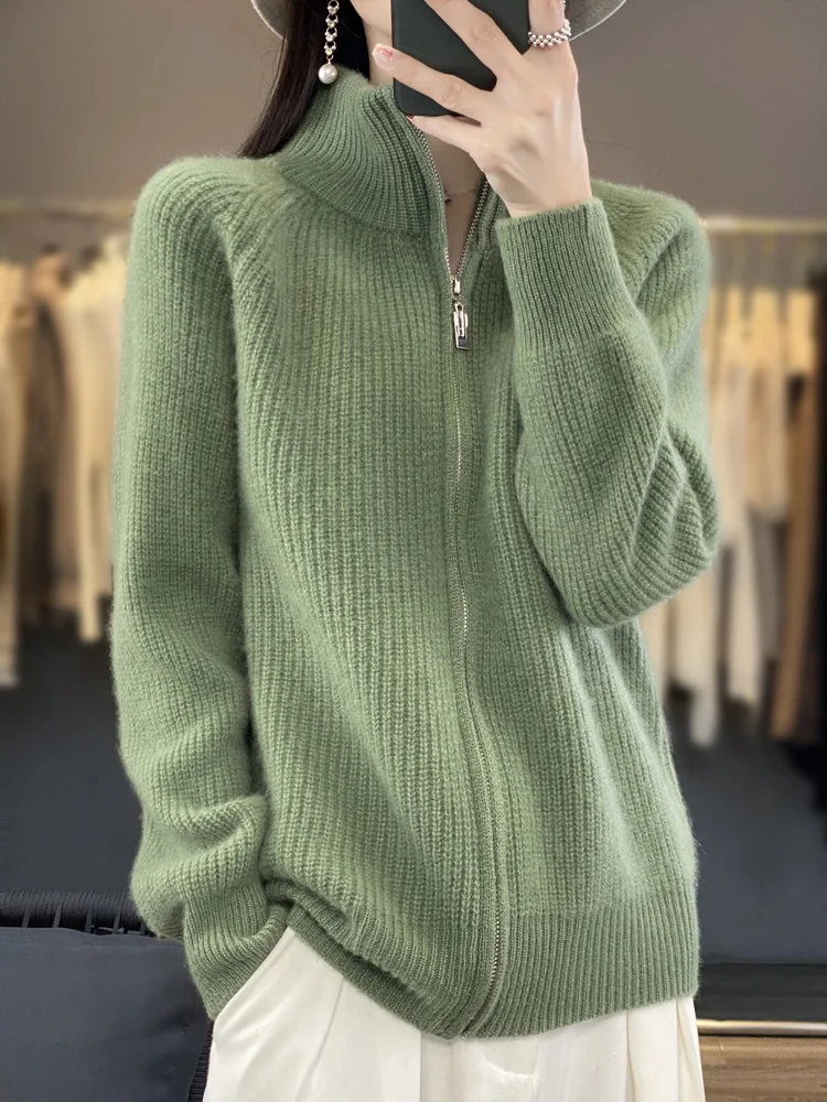 2024 Autumn Winter Pure Merino Wool Sweater Striped Zipper Turtleneck Knitted Cardigan Casual Thick Cashmere Clothing Tops