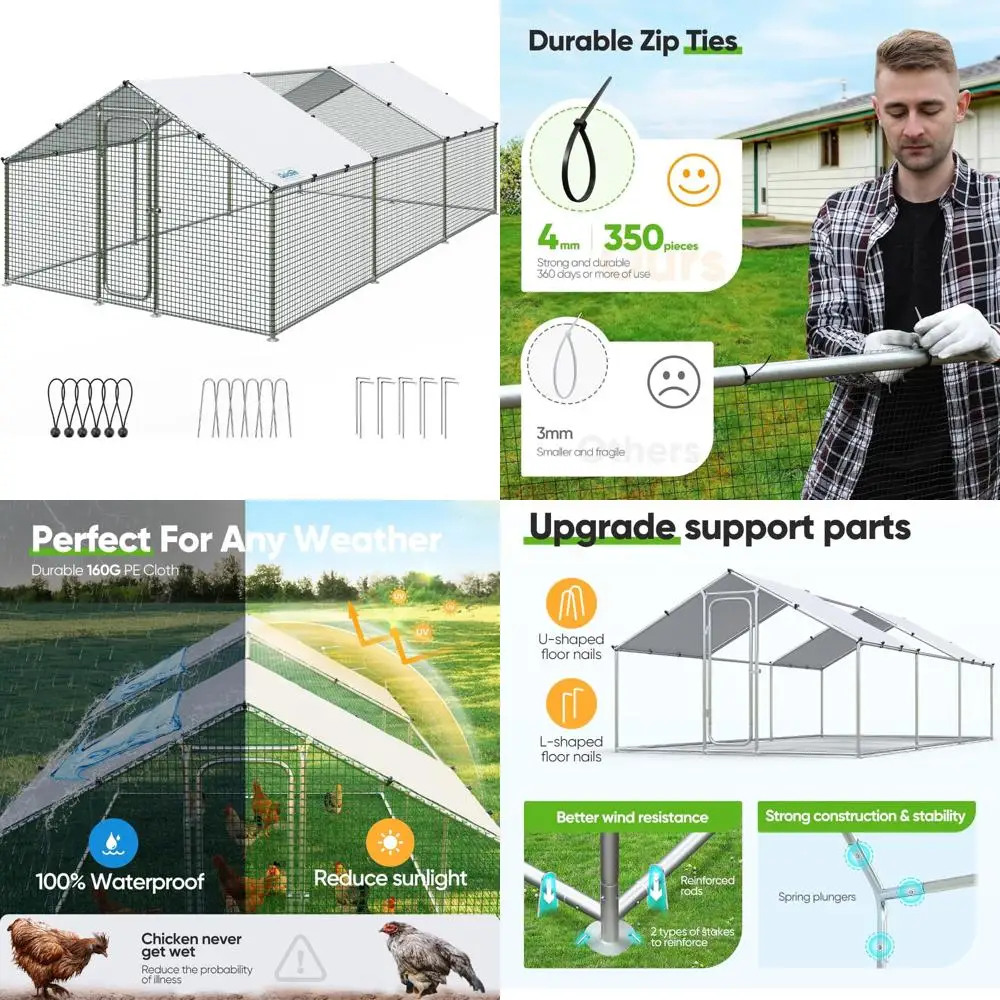 โรงเรือนเลี้ยงไก่โลหะกว้างขวางสำหรับนกกว่า 30 ตัว พร้อมตาข่ายชุบสังกะสีที่ทนทานและหลังคาที่ทนทานต่อสภาพอากาศ เหมาะสำหรับใช้งานกลางแจ้ง