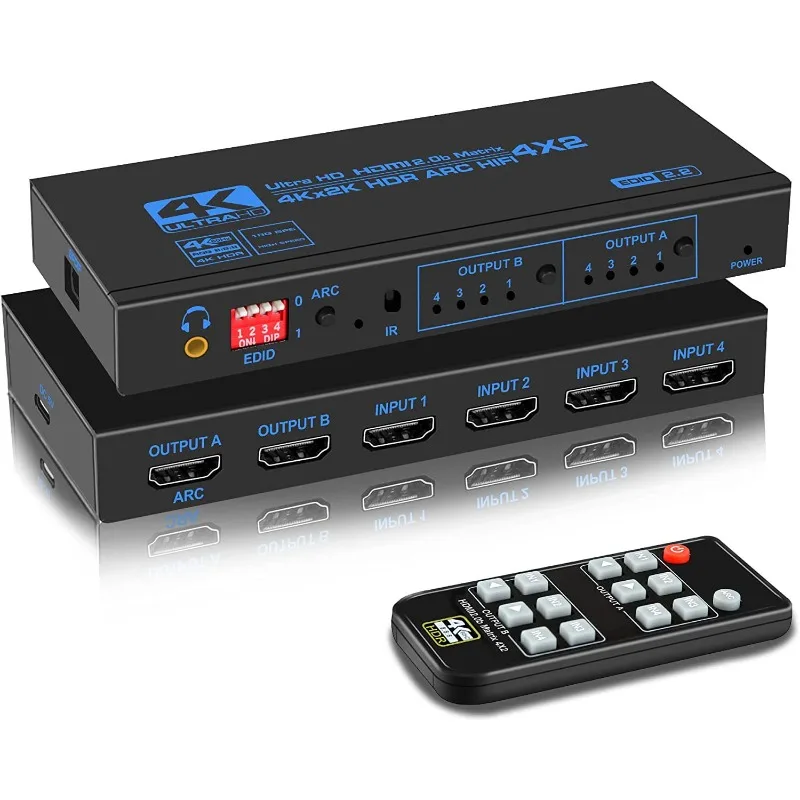 4K 2x4 HDMI-compatible 2.0b Splitter Switch with Audio Extractor HDCP2.2 SPDIF Optical Toslink Coaxial 3.5mm ARC Audio Converter