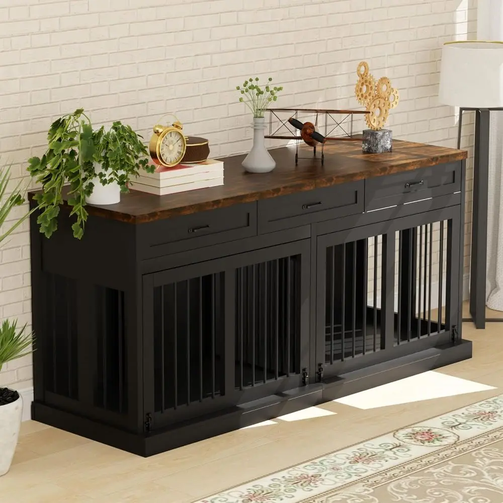 

71 Large 3-Door Wooden Dog Crate Furniture, Removable Divider, Suitable for 2-3 Dogs, TV Stand, Black