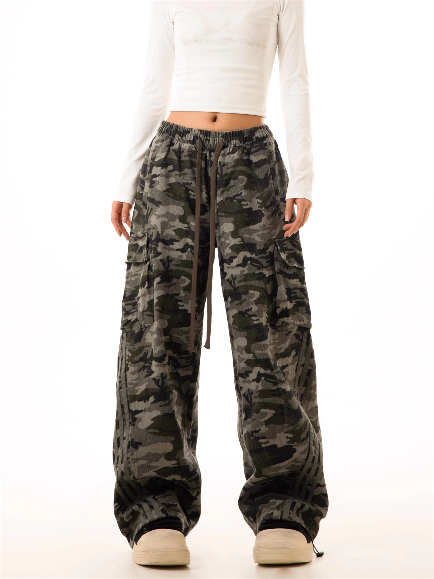 سراويل نسائية مموهة كبيرة الحجم واسعة الساق برباط الخصر وجيوب متعددة ملابس غير رسمية للسيدات #3