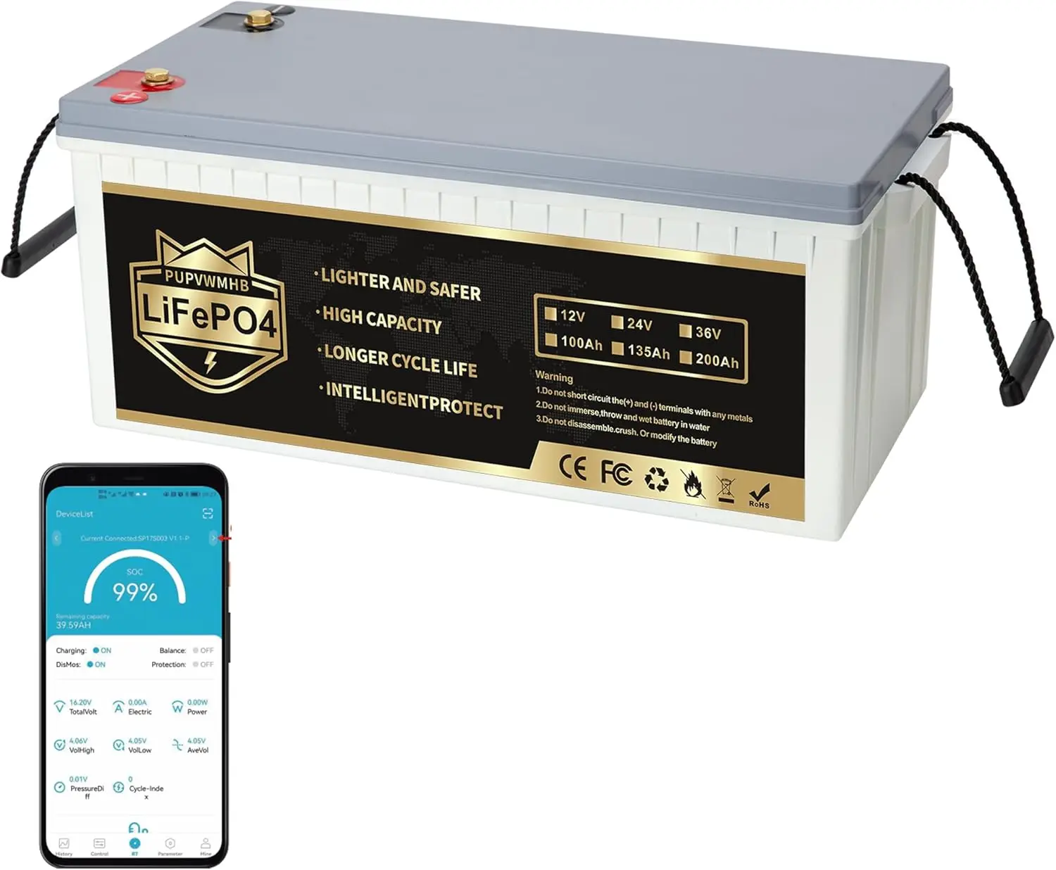 

12V 200Ah Bluetooth LiFePO4 Lithium Battery Built-in 200A BMS Max.2560W Load Power 8000+ Cycles for Trolling Motor RV Camping