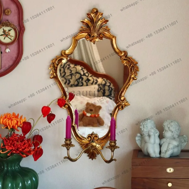 Gold Wall Mirror Retro Baroque Mirro Hanging Painting Living Room Brass Candlestick Decoration Painting with Candle Holder