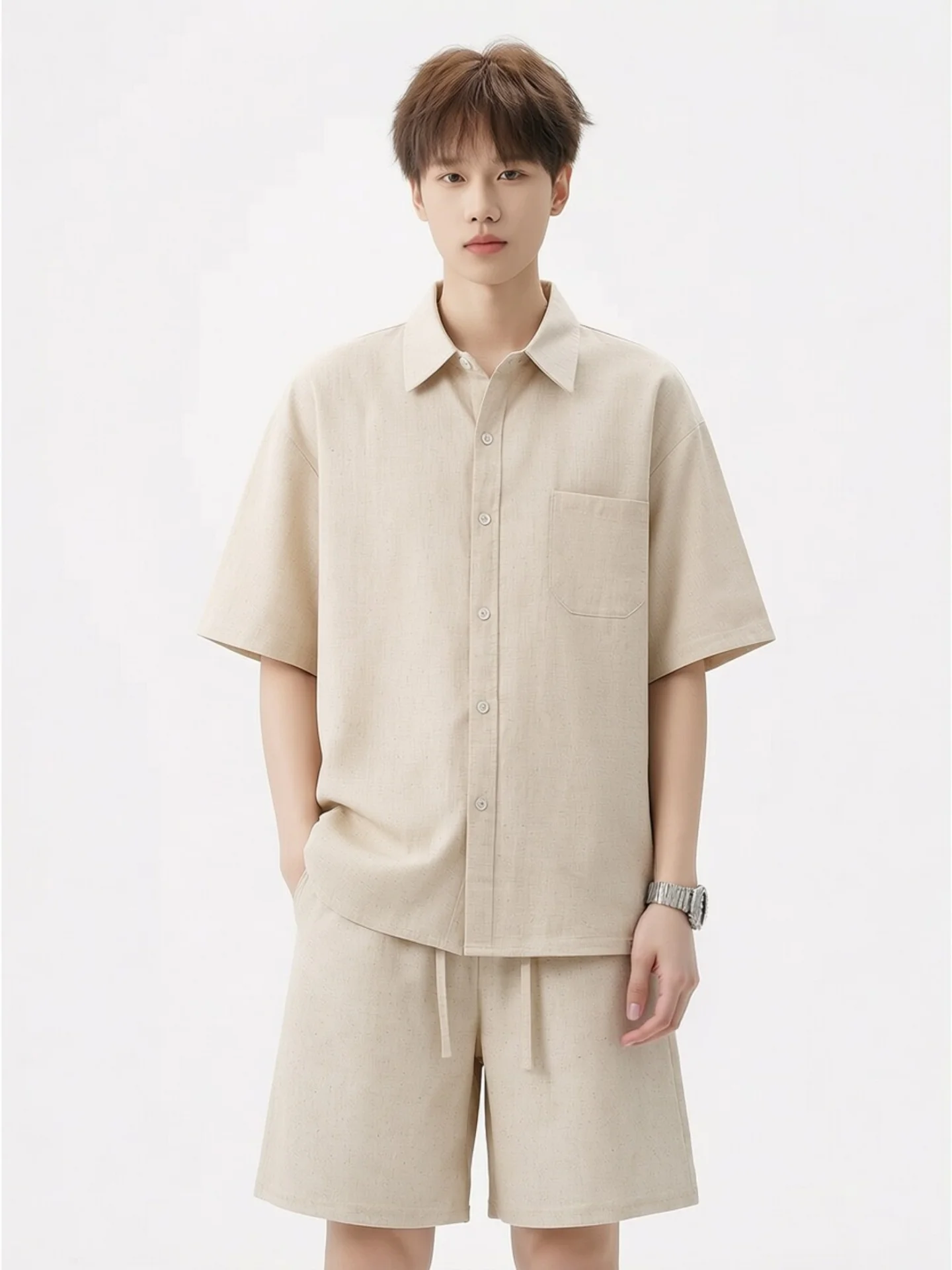 

Men's Minimalist Color Linen Set Short Sleeve Loose Fit Summer Comfortable Breathable Casual Sport Two-Piece Suit