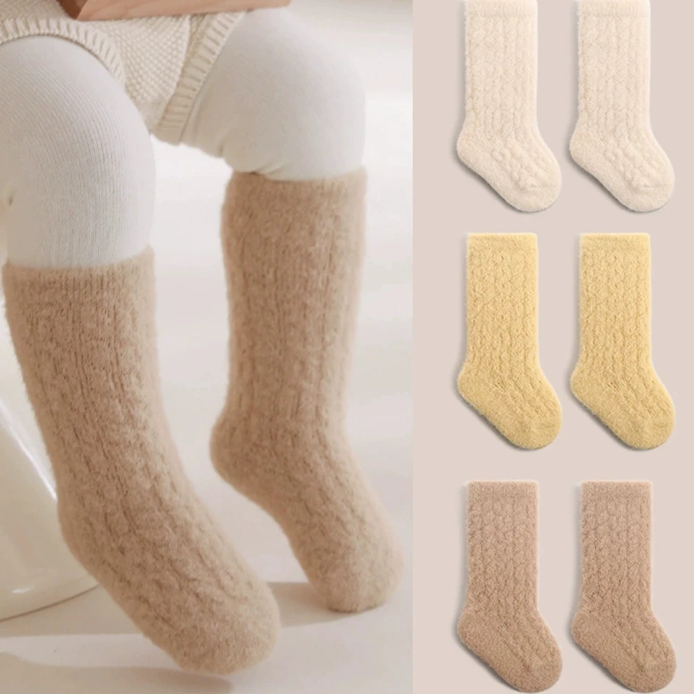 4 Pairs Winter Baby Cashmere Socks Thick Warm Plush Knitted Knee High Socks for Infant Toddler Cute Solid Color Unisex Gift