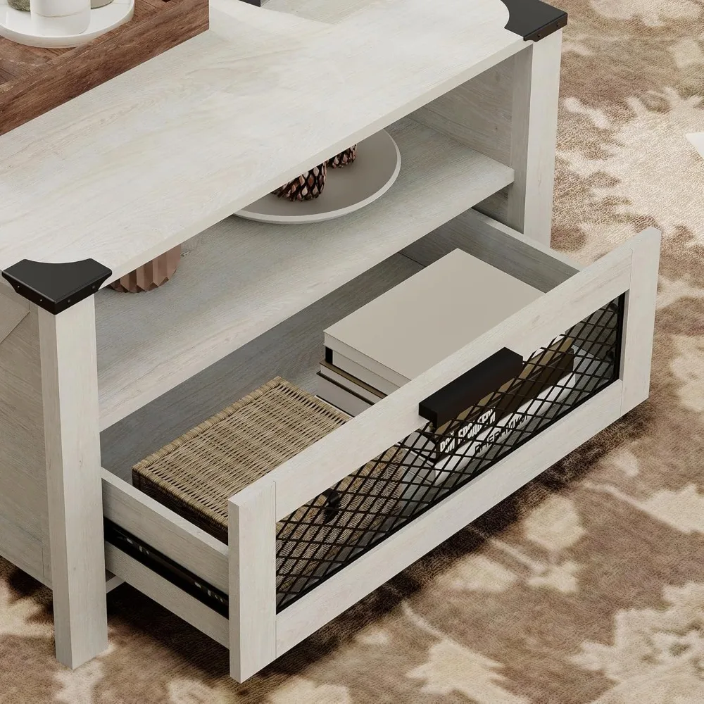 30 inch Square Coffee Table,Drawer Storage Coffee Table for Living Room,Farmhouse Accent Table with 2 Compartments Open S