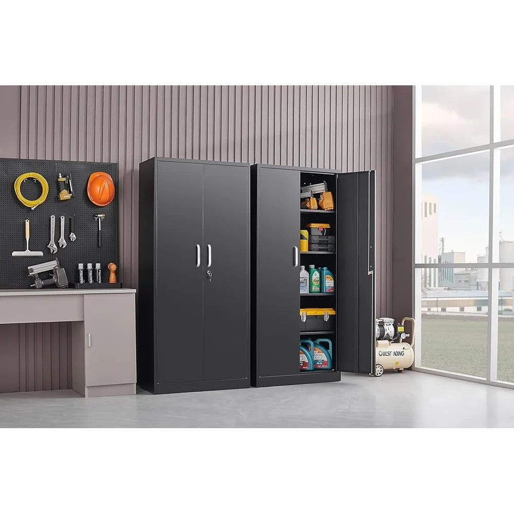 Metal Storage Cabinet Lockable Garage Kitchen Pantry Adjustable Shelves Heavy Duty Organization Tools Storage Clutter-Free